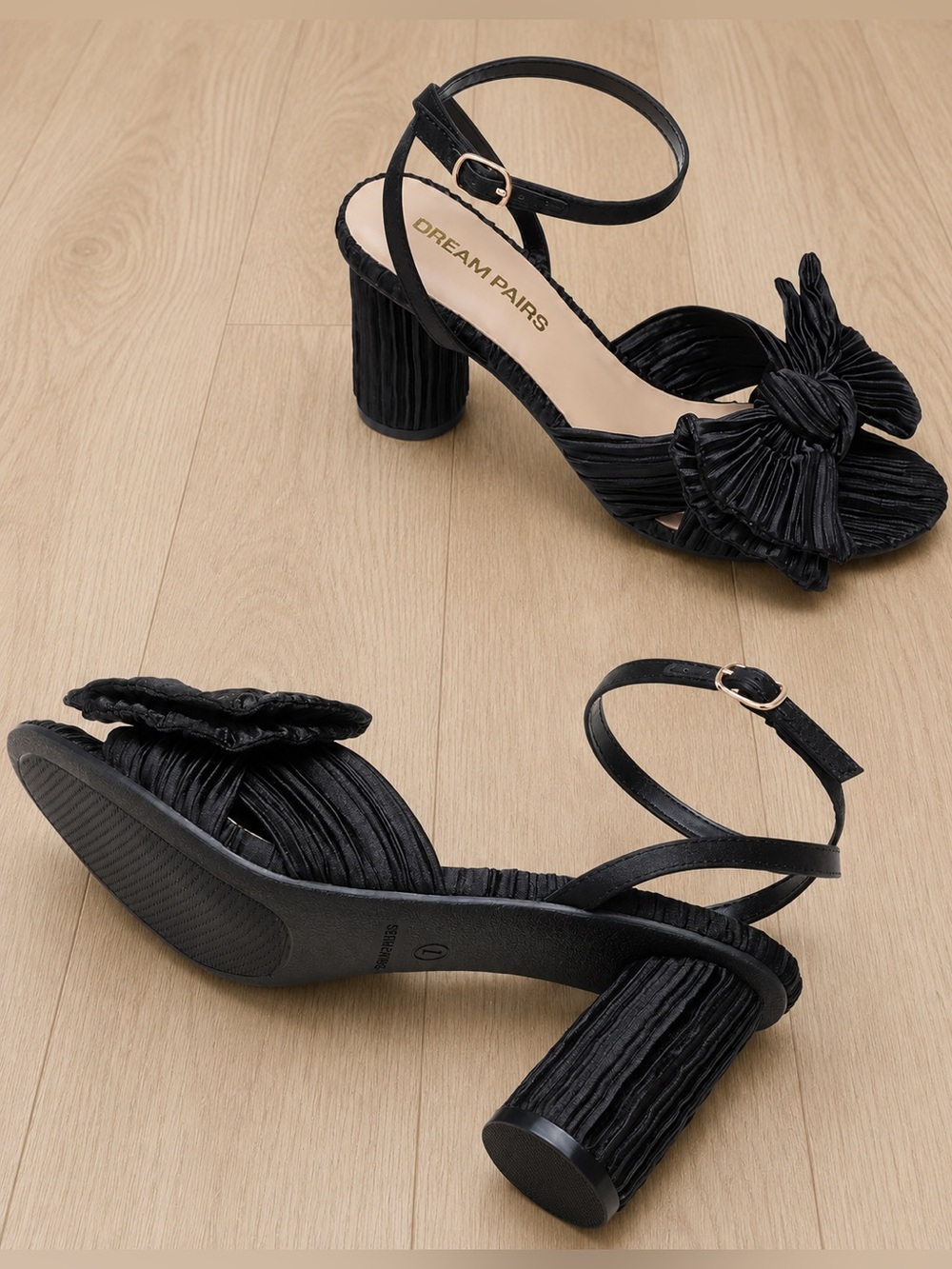 Black Pleated Bow Block Heel Sandals Size 6 | Ankle Strap Dress Shoes - Picture 6 of 7